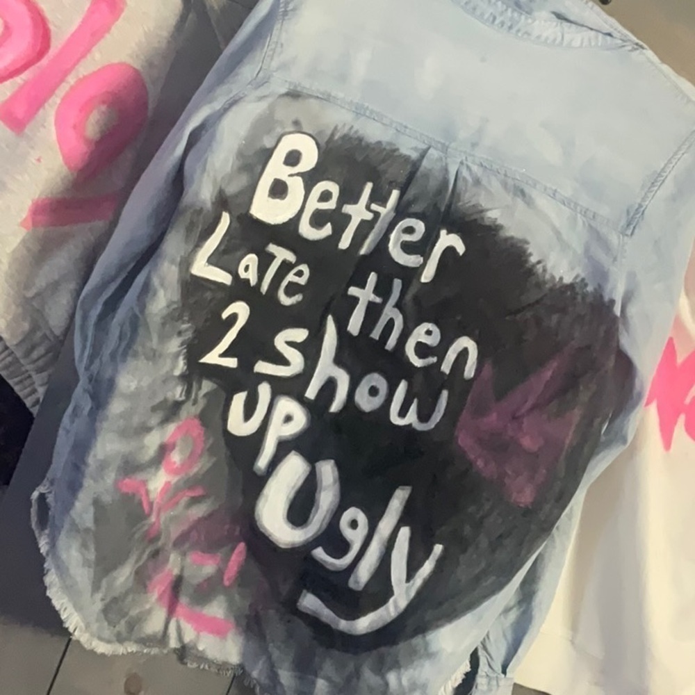 hand painted denim jacket, better late then to show up ugly